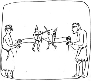 Hommes avec marionnettes:warrior puppets Hortus deliciarum illustration moyenage